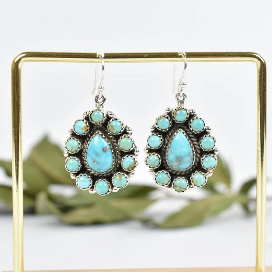 Native American Turquoise Cluster 925 Sterling Silver Earrings