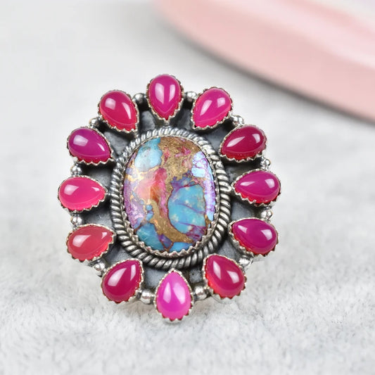 Native American Pink Onyx & Pink Dahlia Turquoise  Cluster Rings - 925 Sterling Silver Handmade Vintage Rings
