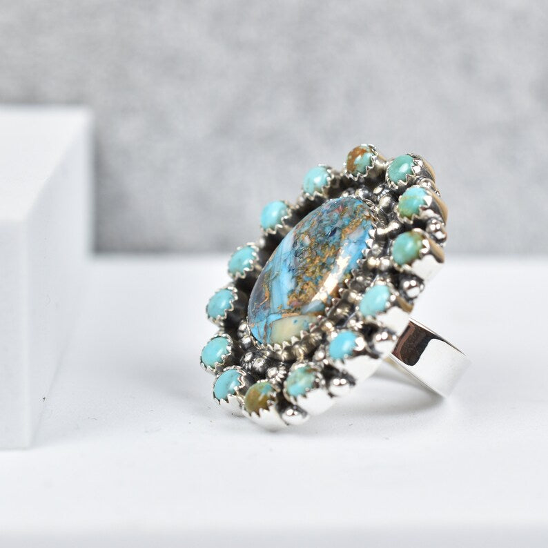 Native American Blue Copper Turquoise And Blue Turquoise Cluster Rings - 925 Sterling Silver Handmade Vintage Rings