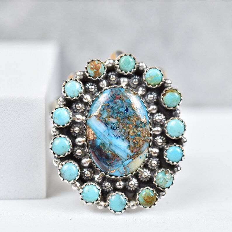 Native American Blue Copper Turquoise And Blue Turquoise Cluster Rings - 925 Sterling Silver Handmade Vintage Rings