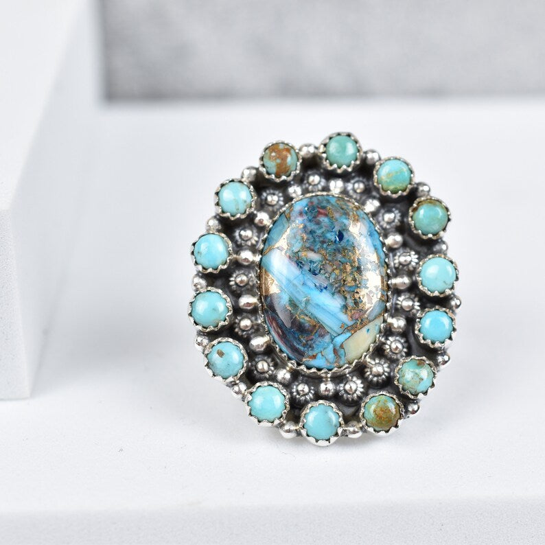 Native American Blue Copper Turquoise And Blue Turquoise Cluster Rings - 925 Sterling Silver Handmade Vintage Rings