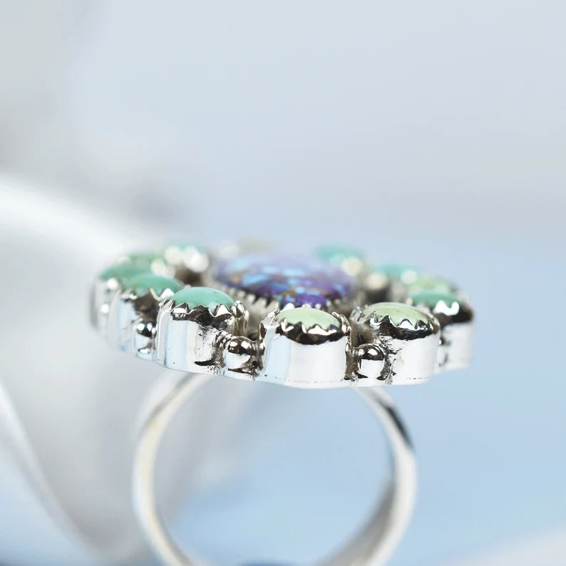 Native American Purple Copper Turquoise And Mohave Turquoise Cluster  925 Sterling Silver Rings