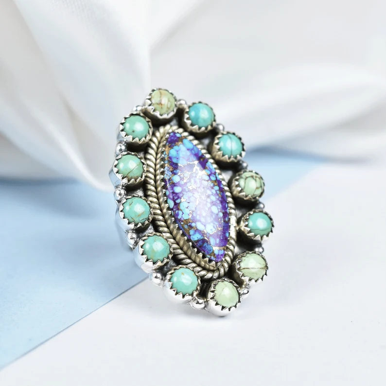 Native American Purple Copper Turquoise And Mohave Turquoise Cluster  925 Sterling Silver Rings