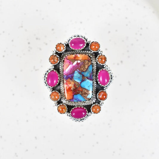 Native American Pink Dahlia, Orange Coral & Pink Onyx  Cluster Rings - 925 Sterling Silver Handmade Vintage Rings