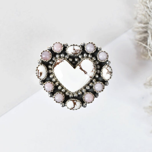 Native American Heart Cut Wild Horse & Pink Opal Cluster Rings - 925 Sterling Silver Handmade Vintage Rings
