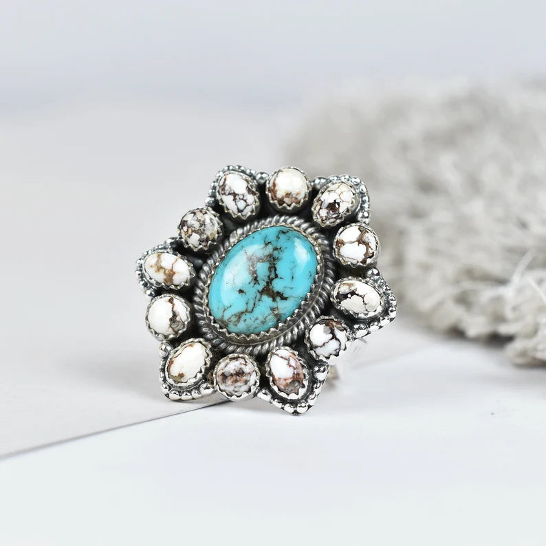 Native American Wild Horse And Turquoise Cluster Rings - 925 Sterling Silver Handmade Vintage Rings