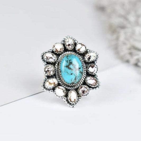 Native American Wild Horse And Turquoise Cluster Rings - 925 Sterling Silver Handmade Vintage Rings