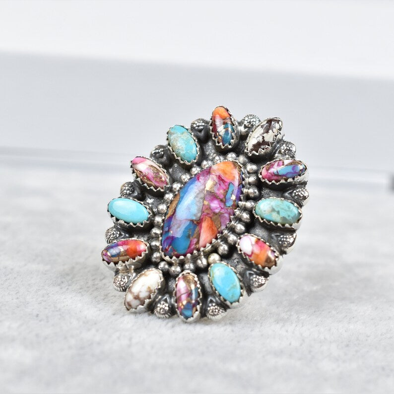 Native American Pink Dahlia, Mohave Turquoise & Wild Horse  Cluster Rings - 925 Sterling Silver Handmade Vintage Rings