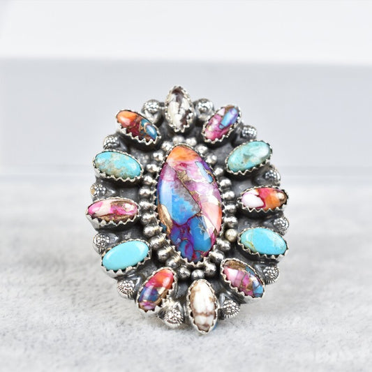 Native American Pink Dahlia, Mohave Turquoise & Wild Horse  Cluster Rings - 925 Sterling Silver Handmade Vintage Rings