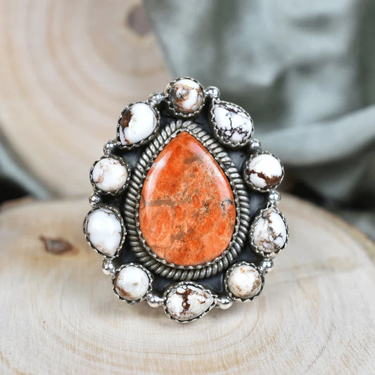 Native American Wild Horse And Orange Coral Cluster Rings - 925 Sterling Silver Handmade Vintage Rings