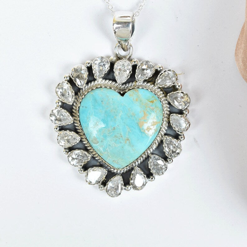 Mohave Turquoise & Cubic Zirconia Native American 925 Sterling Silver Pendant
