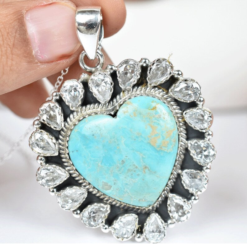 Mohave Turquoise & Cubic Zirconia Native American 925 Sterling Silver Pendant
