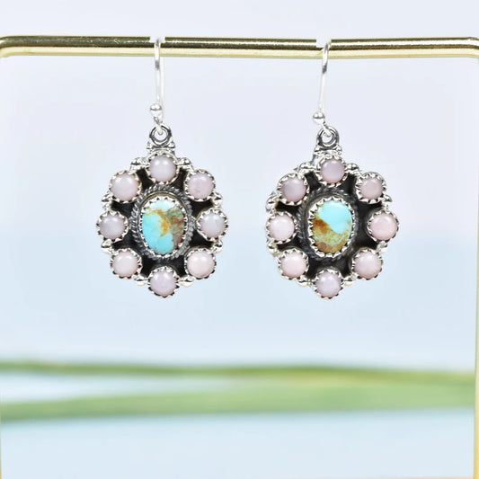 Native American Turquoise & Pink Opal Cluster Earrings - 925 Sterling Silver Boho Style Earrings