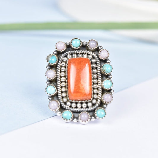 Native American Pink Opal, Turquoise And Orange Coral Cluster Rings - 925 Sterling Silver Handmade Vintage Rings