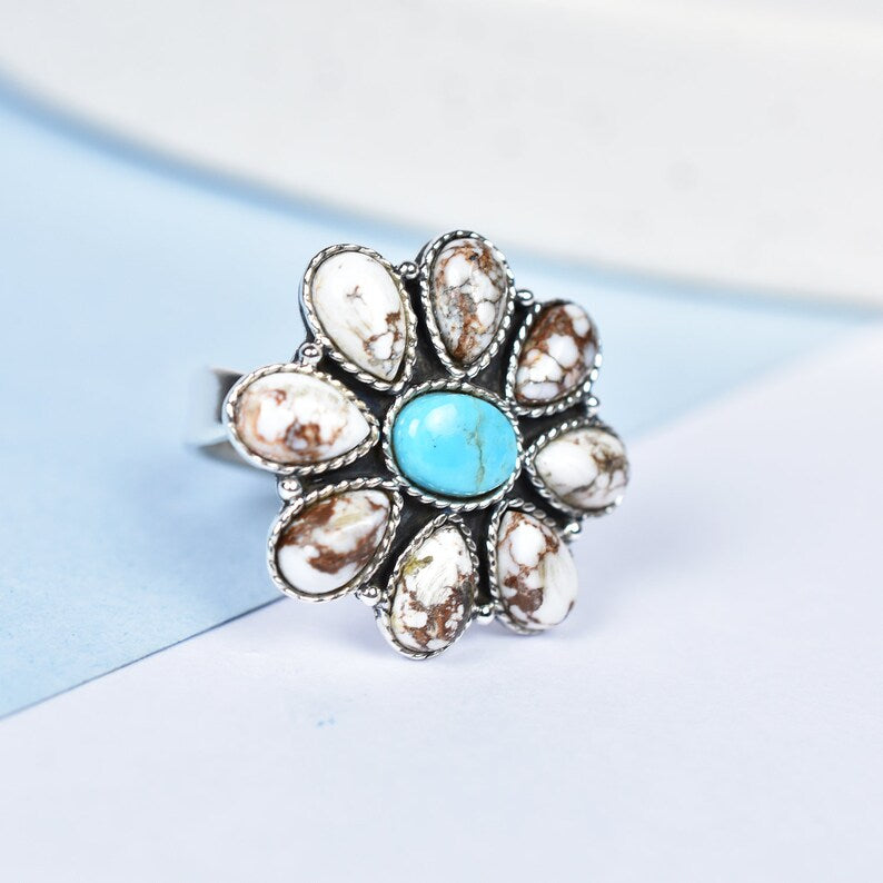 Native American Wild Horse And Turquoise Cluster Rings - 925 Sterling Silver Handmade Vintage Rings