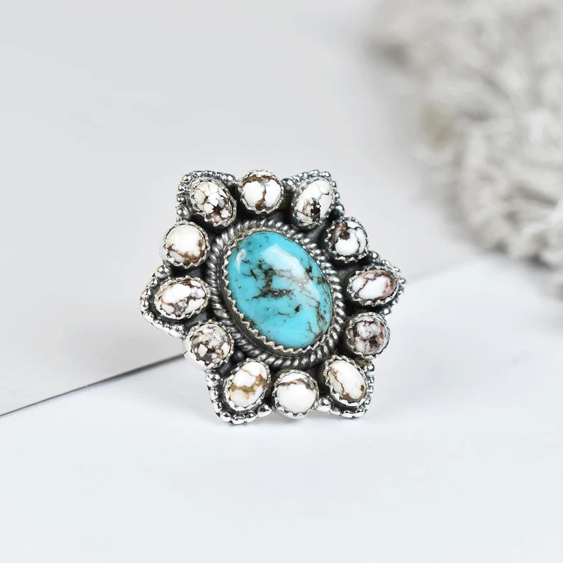 Native American Wild Horse And Turquoise Cluster Rings - 925 Sterling Silver Handmade Vintage Rings