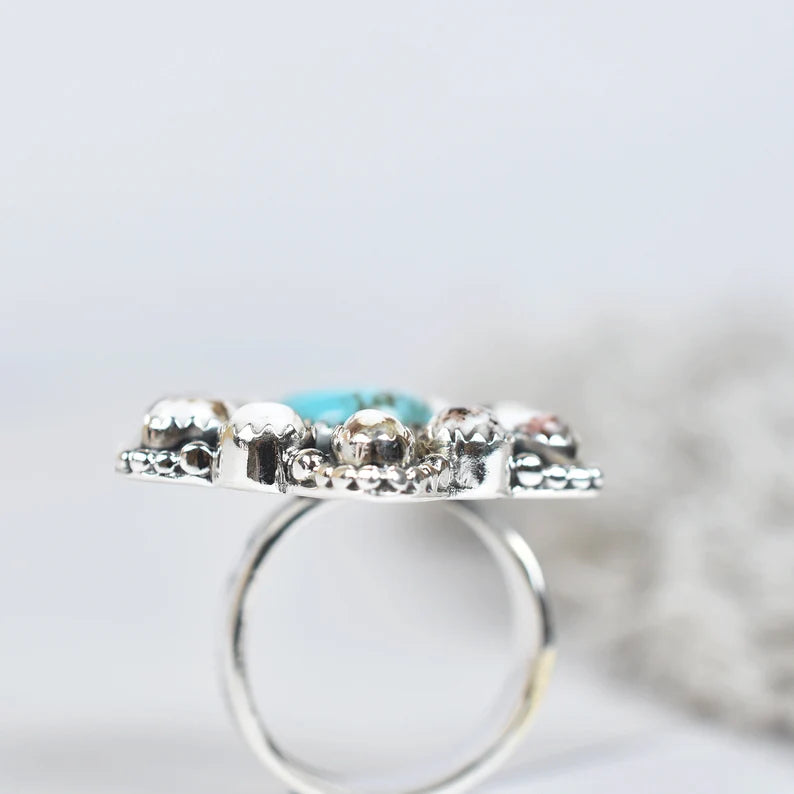 Native American Wild Horse And Turquoise Cluster Rings - 925 Sterling Silver Handmade Vintage Rings