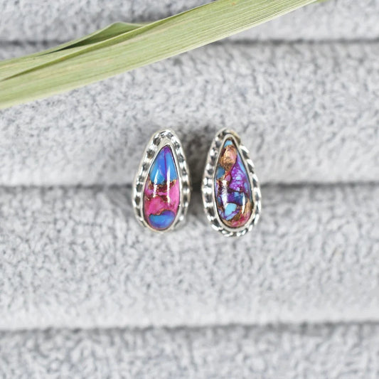 Native American Teardrop Pink Copper Turquoise Studs - 925 Sterling Silver Boho Style Studs
