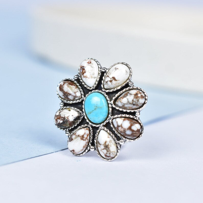 Native American Wild Horse And Turquoise Cluster Rings - 925 Sterling Silver Handmade Vintage Rings