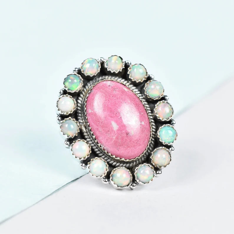 Native American Pink Thulite & Ethiopian Opal Cluster Rings - 925 Sterling Silver Handmade Vintage Rings