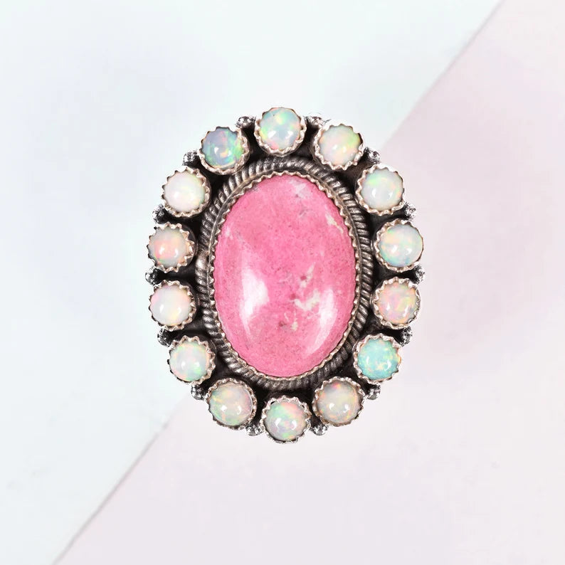 Native American Pink Thulite & Ethiopian Opal Cluster Rings - 925 Sterling Silver Handmade Vintage Rings