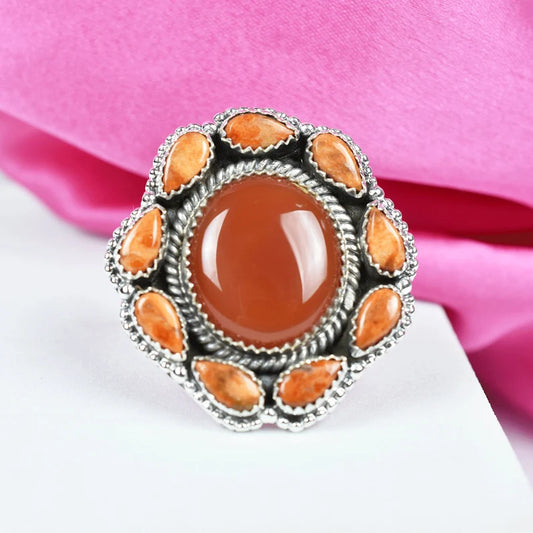 Native American Red Onyx & Orange Coral Cluster Rings - 925 Sterling Silver Handmade Vintage Rings