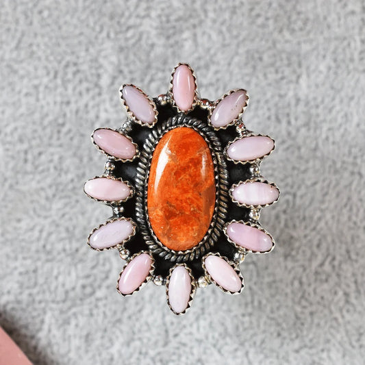 Native American Sponge Coral & Pink Opal Cluster Rings - 925 Sterling Silver Handmade Vintage Rings