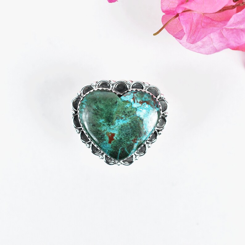 Native American Heart Cut Chrysocolla Cocktail Rings - 925 Sterling Silver Handmade Vintage Rings