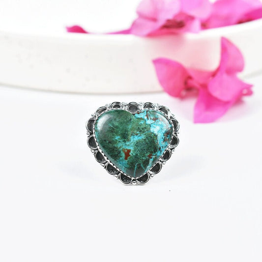 Native American Heart Cut Chrysocolla Cocktail Rings - 925 Sterling Silver Handmade Vintage Rings
