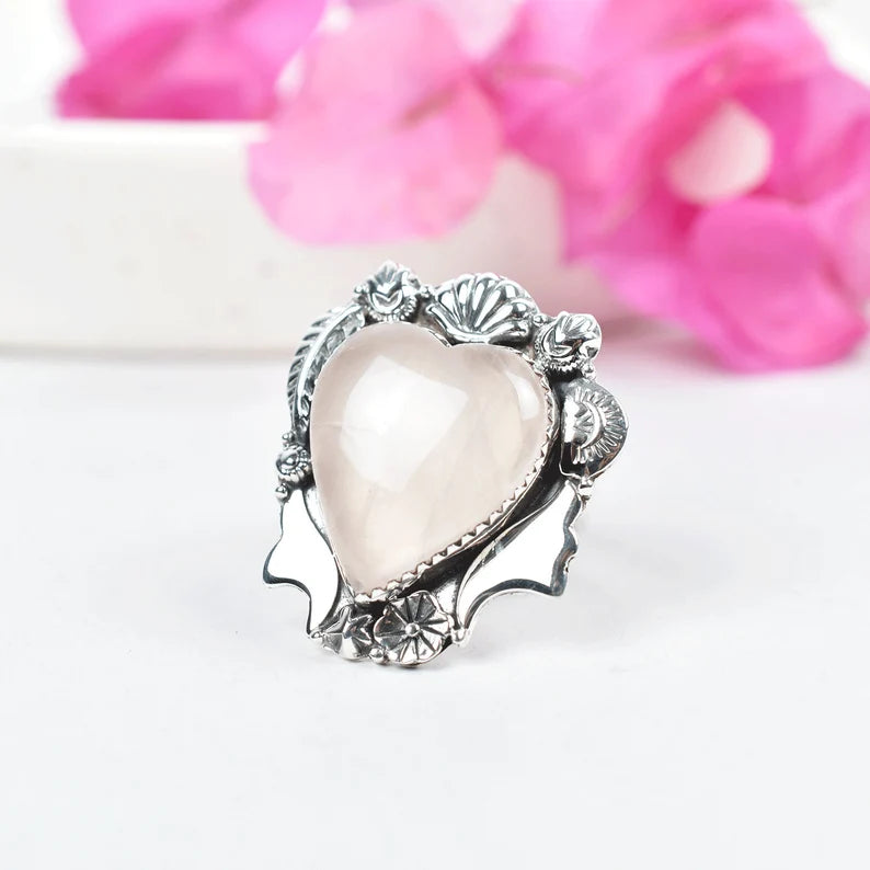 Vintage Large Heart Cut Rose Quartz Cocktail Ring - 925 Sterling Silver Rings