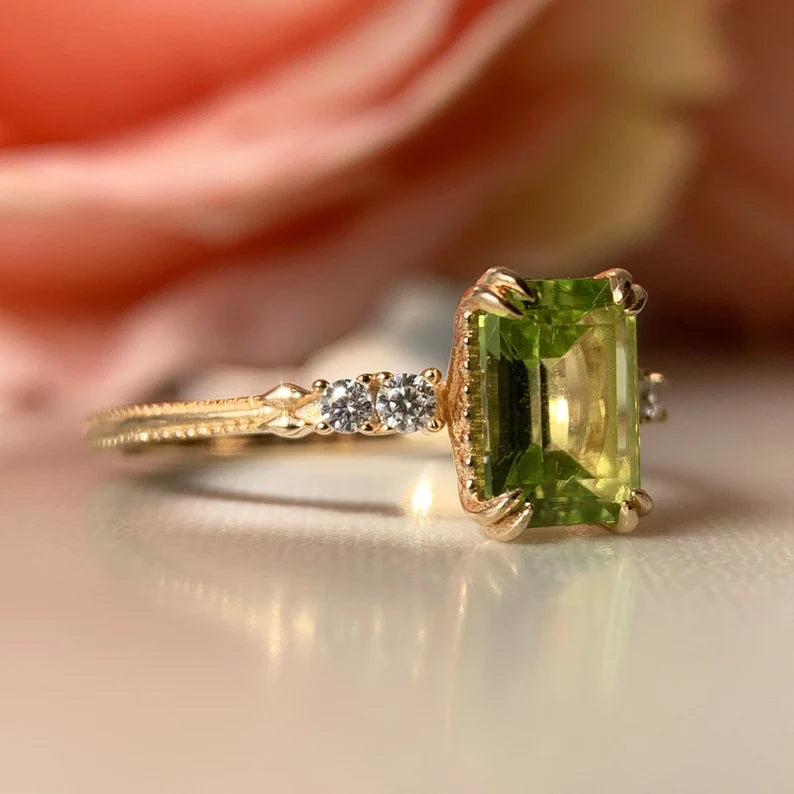 Natural Emerald Cut Peridot 14k gold vermeil Solitaire Rings