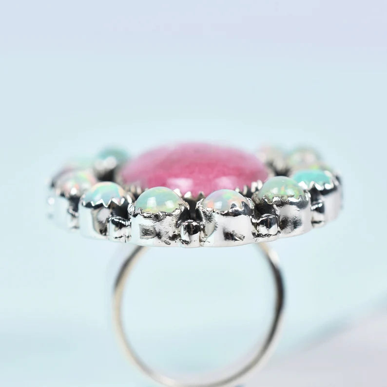 Native American Pink Thulite & Ethiopian Opal Cluster Rings - 925 Sterling Silver Handmade Vintage Rings