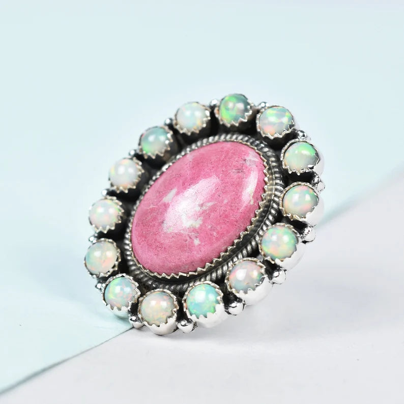 Native American Pink Thulite & Ethiopian Opal Cluster Rings - 925 Sterling Silver Handmade Vintage Rings