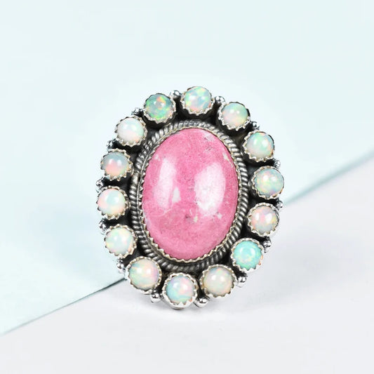 Native American Pink Thulite & Ethiopian Opal Cluster Rings - 925 Sterling Silver Handmade Vintage Rings