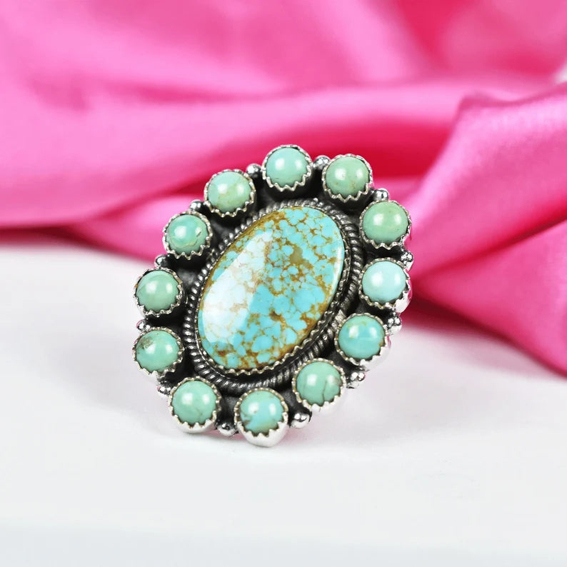 Native American Turquoise Cluster Rings - 925 Sterling Silver Handmade Vintage Rings