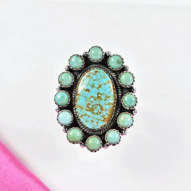 Native American Turquoise Cluster Rings - 925 Sterling Silver Handmade Vintage Rings