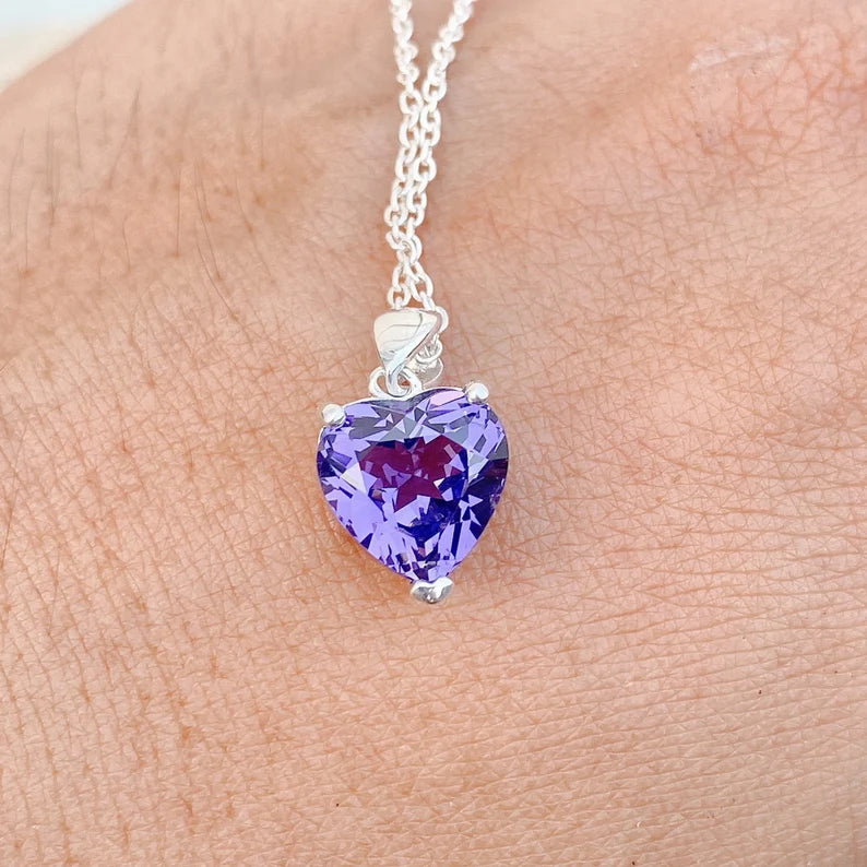 Natural Heart Cut Amethyst Solitaire Necklace - 925 Sterling Silver Necklace