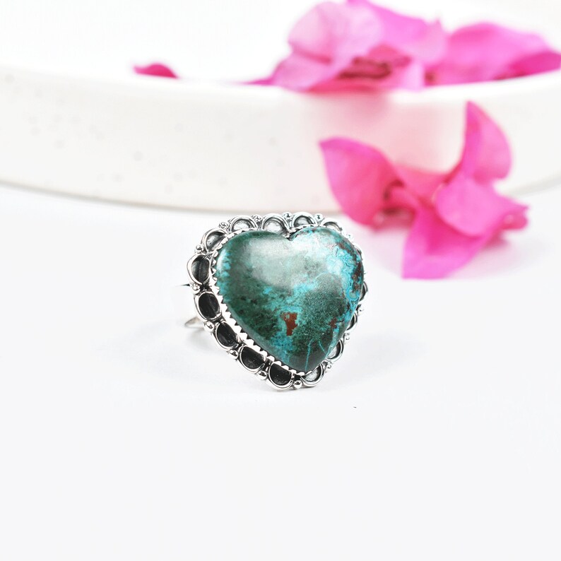 Native American Heart Cut Chrysocolla Cocktail Rings - 925 Sterling Silver Handmade Vintage Rings