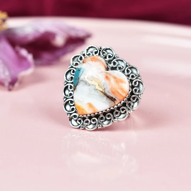 Vintage Large Heart Cut Spiny Turquoise Cocktail Ring - 925 Sterling Silver Native American Rings