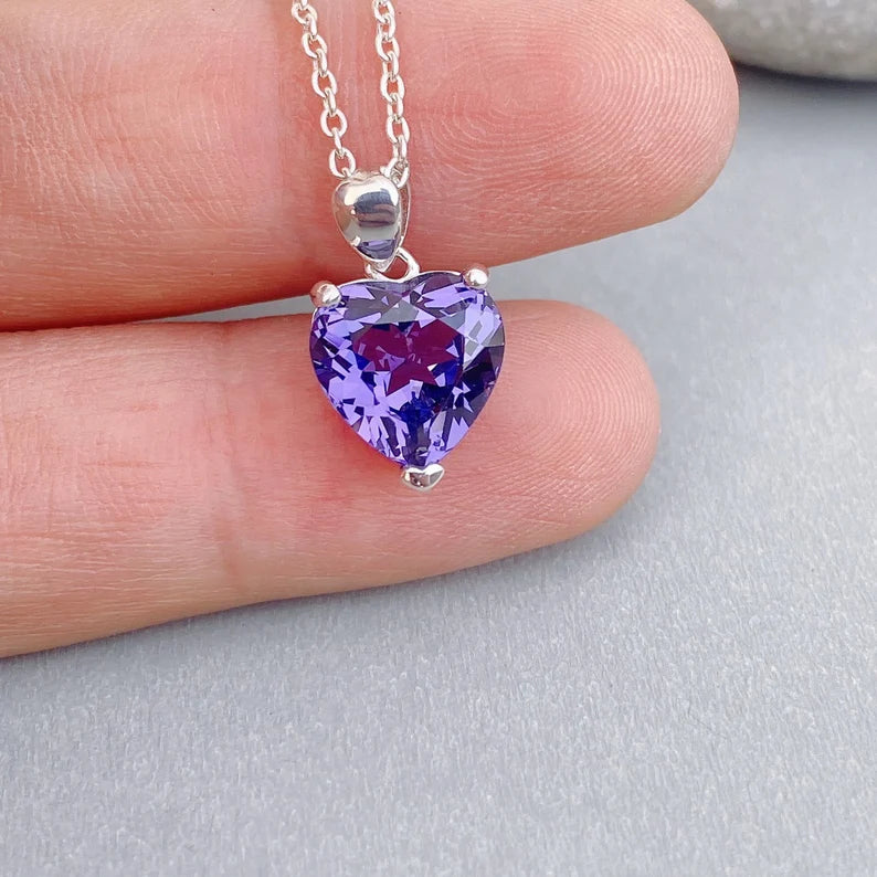 Natural Heart Cut Amethyst Solitaire Necklace - 925 Sterling Silver Necklace
