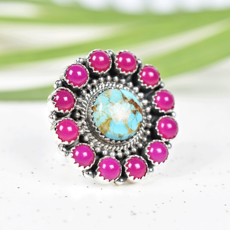 Vintage  Turquoise And Pink Onyx  Southwestern Style Cluster Ring - 925 Sterling Silver Native American Rings