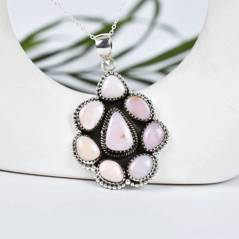 Native American Pink Opal Cluster Pendant - 925 Sterling Silver Pendant