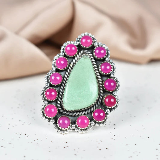 Native American Pink Onyx And Variscite Cluster Rings - 925 Sterling Silver Handmade Vintage Rings