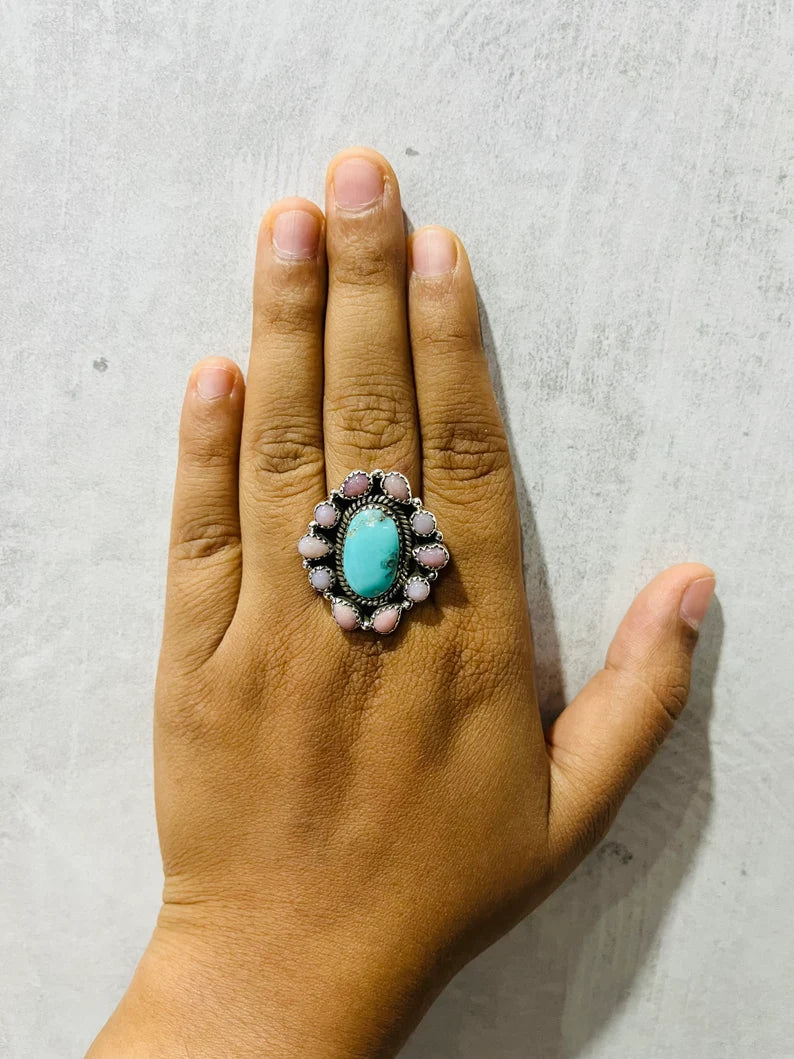 Native American Turquoise And Pink Opal Cluster Rings - 925 Sterling Silver Handmade Vintage Rings