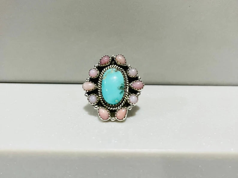 Native American Turquoise And Pink Opal Cluster Rings - 925 Sterling Silver Handmade Vintage Rings