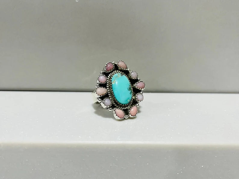 Native American Turquoise And Pink Opal Cluster Rings - 925 Sterling Silver Handmade Vintage Rings