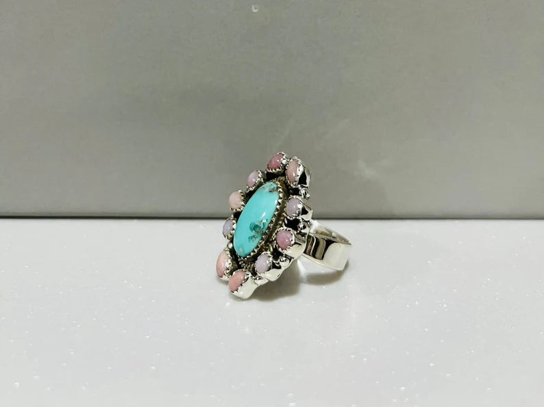 Native American Turquoise And Pink Opal Cluster Rings - 925 Sterling Silver Handmade Vintage Rings