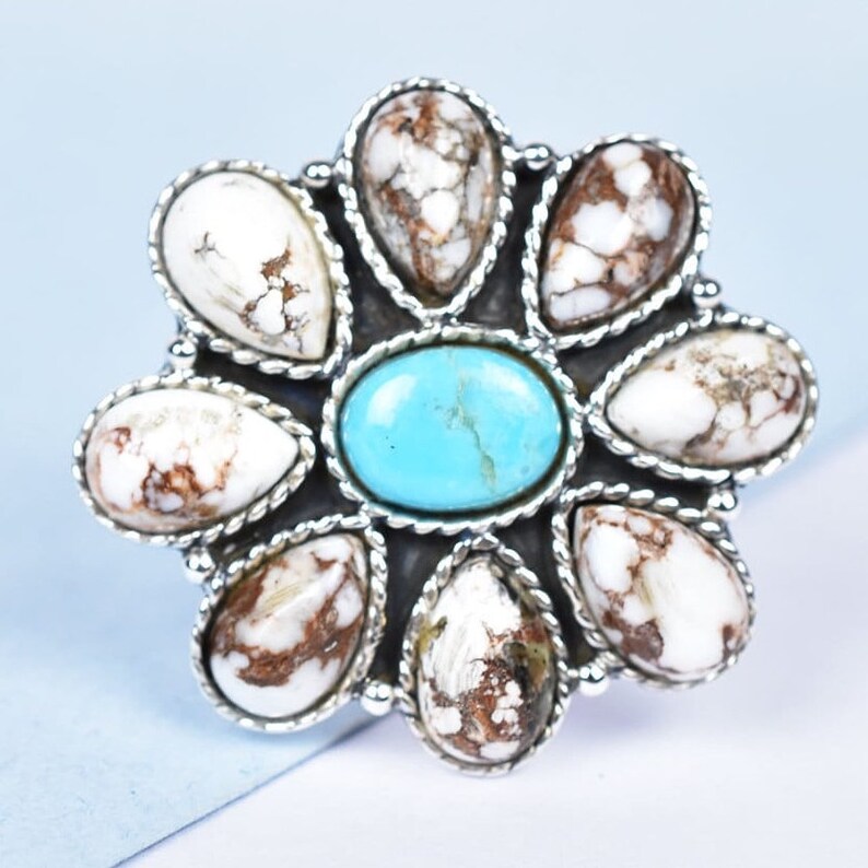 Native American Wild Horse And Turquoise Cluster Rings - 925 Sterling Silver Handmade Vintage Rings