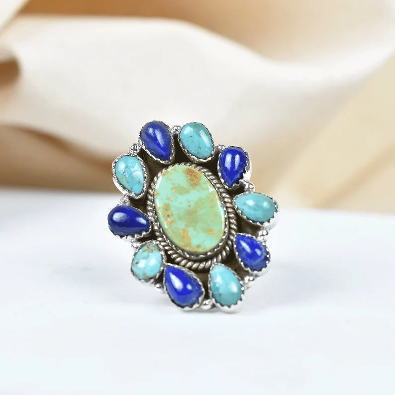 Native American Turquoise And Lapis Lazuli Cluster Rings - 925 Sterling Silver Handmade Vintage Rings