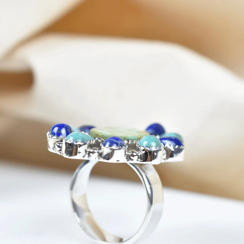 Native American Turquoise And Lapis Lazuli Cluster Rings - 925 Sterling Silver Handmade Vintage Rings